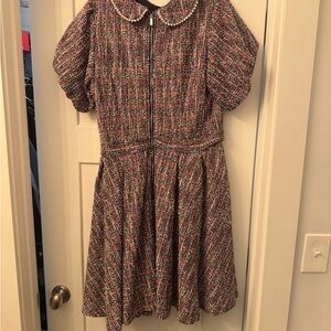 Ivy City Co Brown Gray Puff Sleeve A-Line Dress